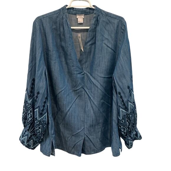 Chico’s Embroidered Sleeve Blouse Tencel Size XL Chambray Denim Blue NEW - Picture 4 of 12